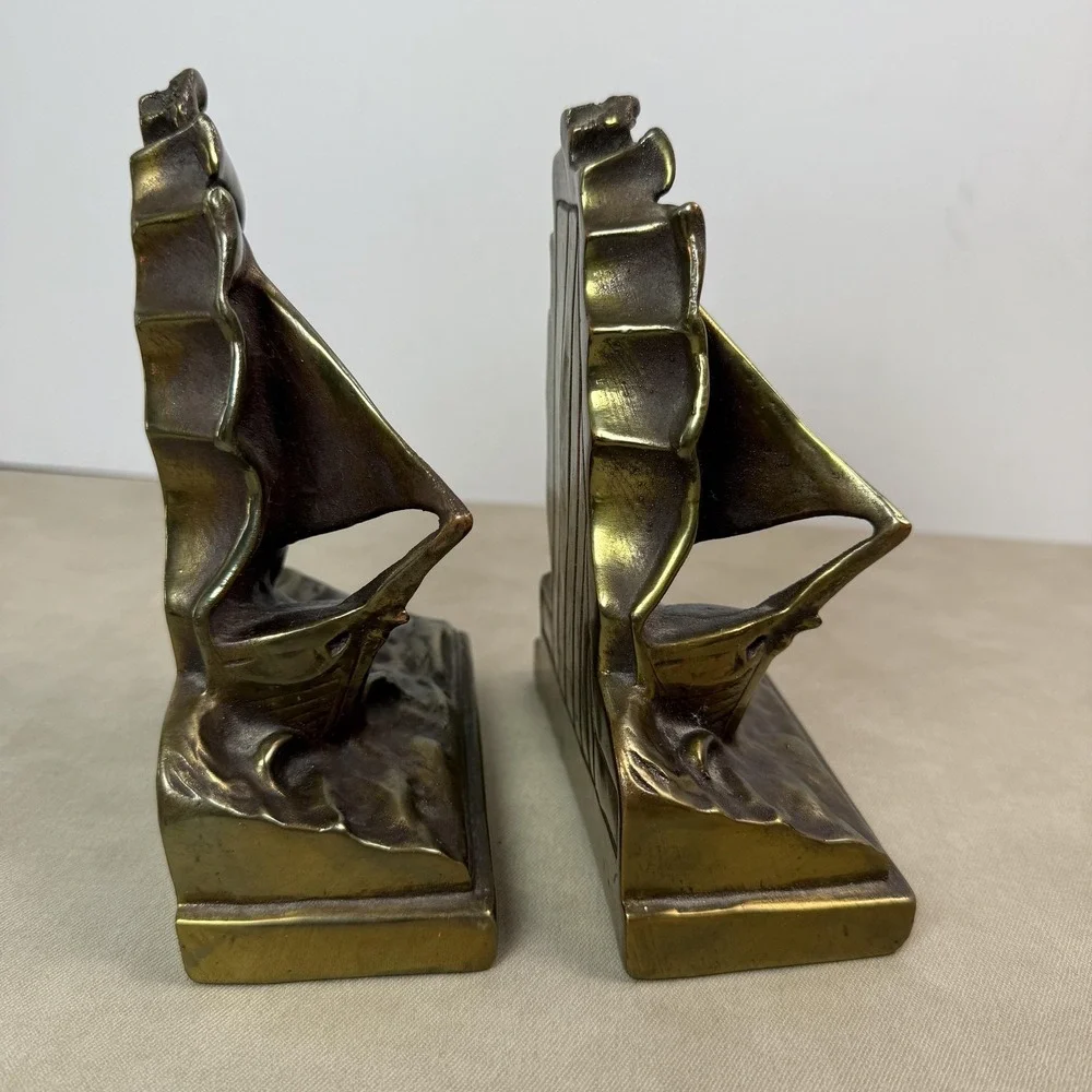 Vintage Bronze Clad Sailboat Bookends Ship Traditional Nautical Decor Gold Tone